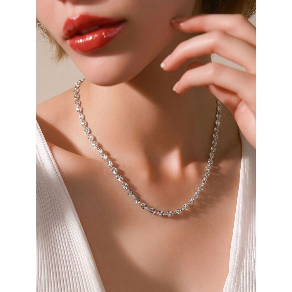 Silver Sunburst Sparkle Chain Necklace 3mm Stainless Steel Cable Everyday Glow